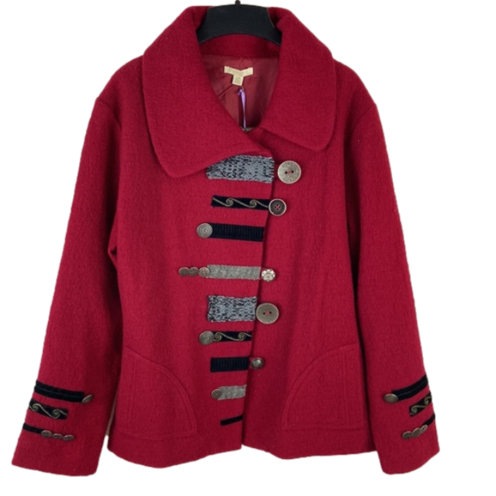 Carson Red Wool Swing Jacket Decorative Buttons Appliquéd Fabric Steampunk Large